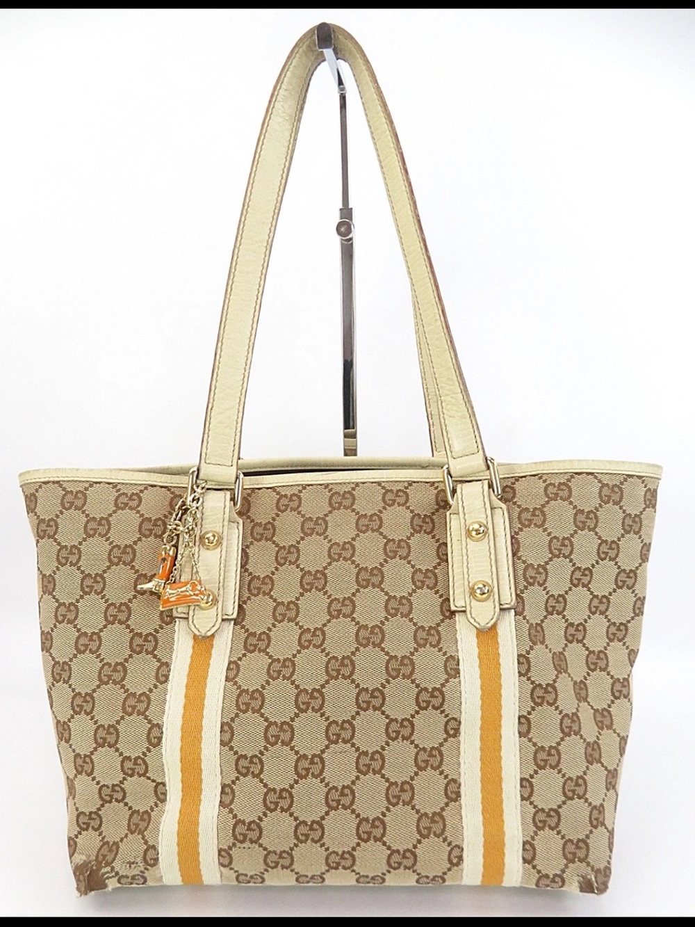 Gucci Beige GG Canvas Tote with Cream Trim and Yellow-Orange Stripes